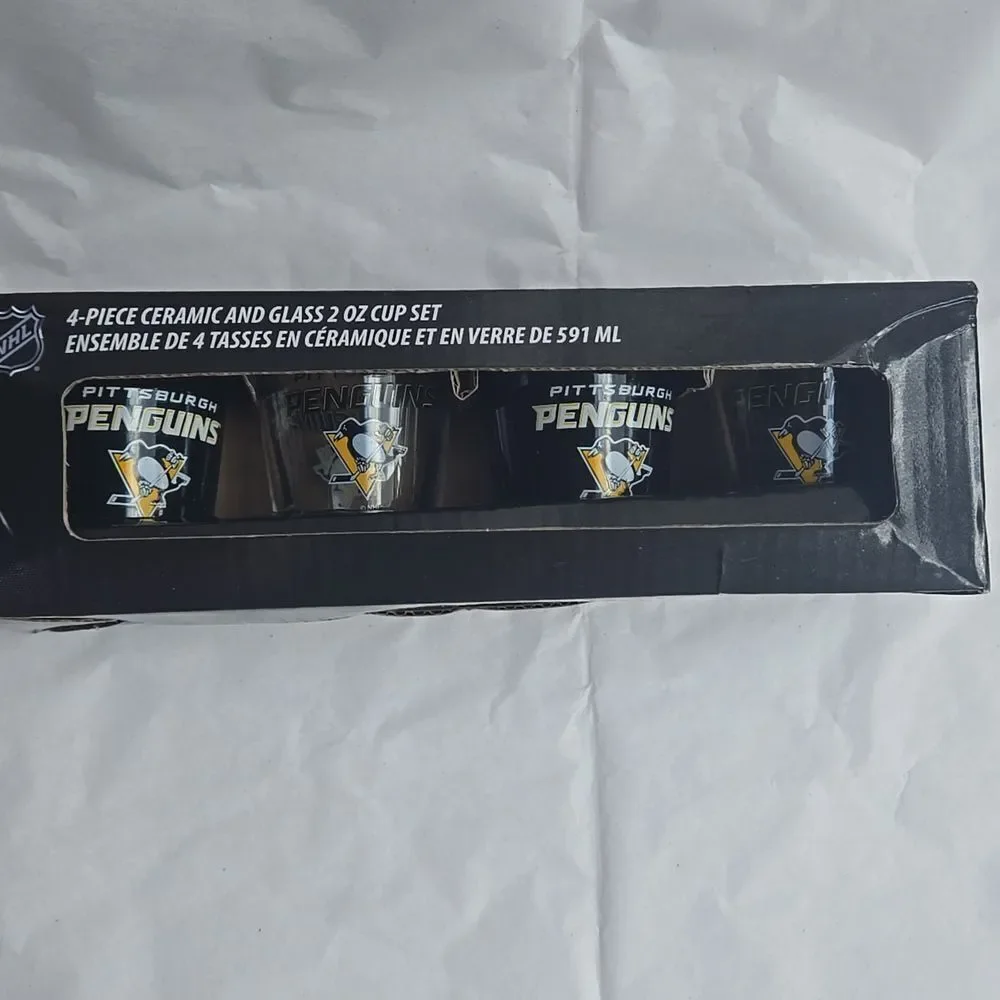 Pittsburgh Penguins Ceramic and Glass 2 Ounce Shot Glass Set, Set Of 4 - NEW